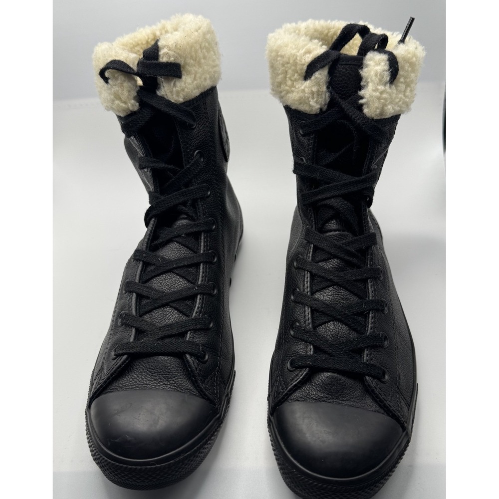 Converse Sneakers High Top Women SZ10 Black Leather Faux Sherpa Flaws See Photos